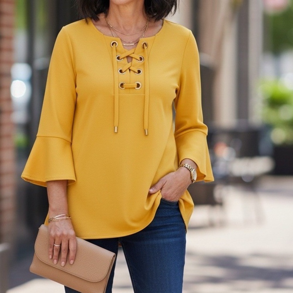 Charter Club Women's M Yellow‎ Lace Up Bell Sleeve Tunic Top